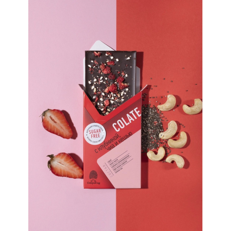 Шоколад без сахара NEOcolate с клубникой, чиа и кешью, 30 г